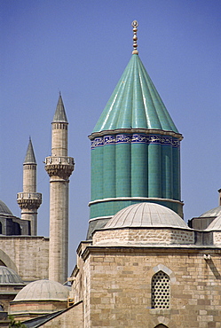 Tile dome tops a museum and mausoleum, Mevlana Turbe, Konya, Anatolia, Turkey, Asia Minor, Eurasia