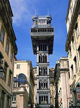 The Santa Justa Lift, designed by Eiffel, in the centre of Lisbon, Portugal, Europe