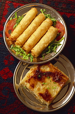 Common warm starter of borek rolls and cheese pie, Turkey, Eurasia