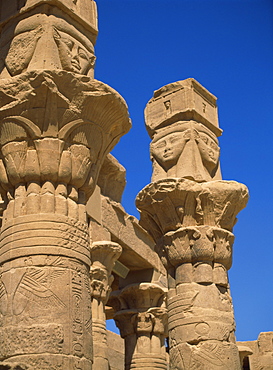 Detail of column capitals at the Temple of Hathor, Philae, UNESCO World Heritage Site, Aswan, Egypt, North Africa, Africa