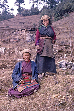 Portrait of two Sherpa women of the mountains in traditional clothing, Solu Khumbu, Nepal, Asia