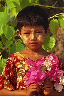 Head and shoulders portrait of a young Burmese girl with short hair and sandalwood Thanaka facial decoration, holding a bunch of flowers, Bagan (Pagan) area, Myanmar (Burma), Asia