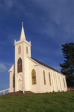 The old traditional white painted Christian church in Bodega Bay, northern California, United States of America, North America