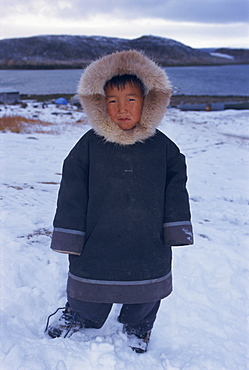 Inuit boy in fur parka, Manumikila, Cape Dorset, Baffin Island, Canadian Arctic, Canada, North America