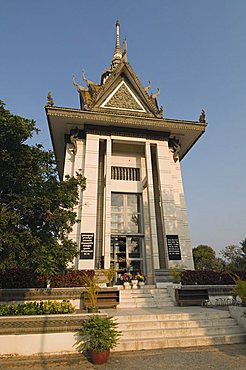 Memorial with shelves inside holding 9000 skulls, The Killing Fields, Phnom Penh, Cambodia, Indochina, Southeast Asia, Asia