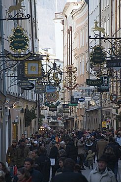 Signs in Getreidegasse the main shopping streeet, Salzburg, Austria, Austria