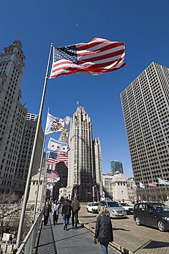 Wrigley Building on left, Tribune Building center, Chicago, Illinois, United States of America, North America