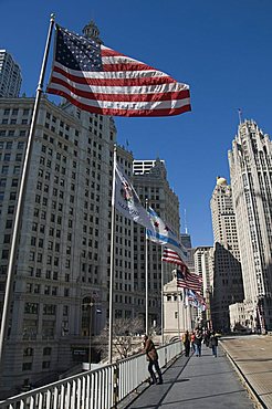 Wrigley Building on left, Tribune Tower on right, Chicago, Illinois, United States of America, North America