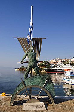 Alexander Papadiamantis statue In The Harbour, Skiathos Town, Skiathos, Sporades Islands, Greek Islands, Greece, Europe