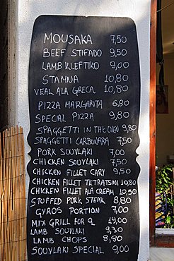 Typical Greek menu, Skiathos Town, Skiathos, Sporades Islands, Greek Islands, Greece, Europe