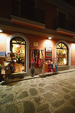 Shops in Skopelos Town at night, Skopelos, Sporades Islands, Greek Islands, Greece, Europe