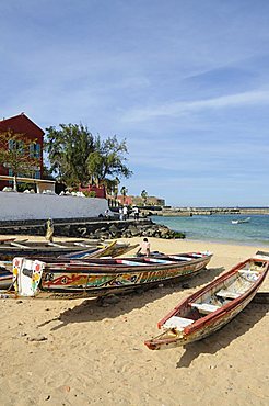 Pirogues (fishing boats) on beach, Goree Island, near Dakar, Senegal, West Africa, Africa