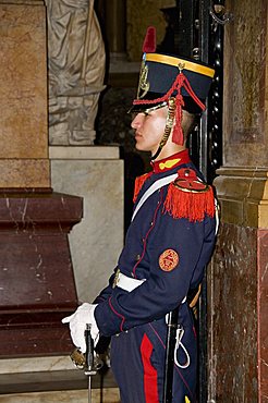 Guard at Mausoleum of Argentina's liberator General Jose de San Martin, Metroplitan Cathedral, Plaza de Mayo, Buenos Aires, Argentina, South America