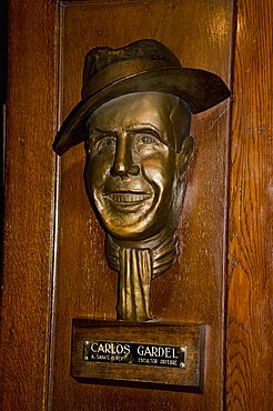 Bust of Carlos Gardel famous for tango, Cafe Tortoni, a famous tango cafe restaurant, Buenos Aires, Argentina, South America