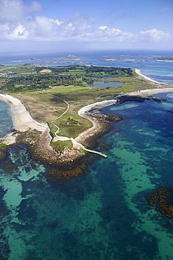 Aerial shot of Tresco, Isles of Scilly, Cornwall, United Kingdom, Europe