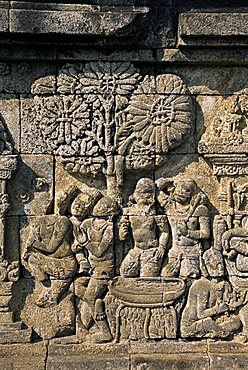 Detail of carved frieze, Borobudur, UNESCO World Heritage Site, Java, Indonesia, Southeast Asia, Asia