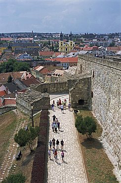 View from Castle over town and castle ramparts, Eger, Hungary, Europe