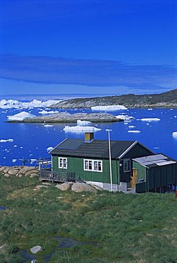 Coast and settlement of Ilimanaq, formerly Claushavn, Greenland, Polar Regions