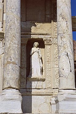 Statue in facade of reconstructed Library of Celsus, archaeological site, Ephesus, Anatolia, Turkey, Asia Minor