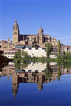 The Old and New Cathedrals, reflected in the water of the Rio Tormes (Tormes River), Salamanca, Castilla Leon (Castile), Spain, Europe