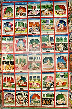 Scenes from the Kama Sutra in a cupboard in the Juna Mahal fort, Dungarpur, Rajasthan state, India, Asia