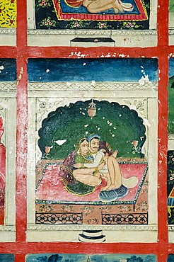 Scenes from the Kama Sutra from cupboard in the Juna Mahal fort, Dungarpur, Rajasthan state, India, Asia