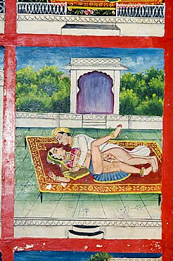 Scenes from the Kama Sutra from cupboard in the Juna Mahal fort, Dungarpur, Rajasthan state, India, Asia