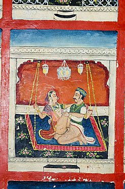 Scenes from the Kama Sutra from cupboard in the Juna Mahal fort, Dungarpur, Rajasthan state, India, Asia