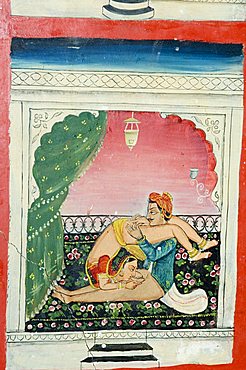 Scenes from the Kama Sutra from cupboard in the Juna Mahal fort, Dungarpur, Rajasthan state, India, Asia