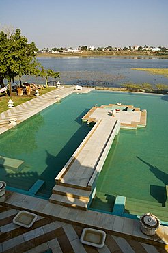 View of swimming pool at Udai Vilas Palace now a heritage hotel, Dungarpur, Rajasthan state, India, Asia