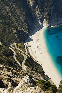 Myrtos Beach, the best beach for sand near Assos, Kefalonia (Cephalonia), Ionian Islands, Greece, Europe