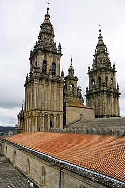 Back of the bell towers from roof of Santiago Cathedral, UNESCO World Heritage Site, Santiago de Compostela, Galicia, Spain, Europe