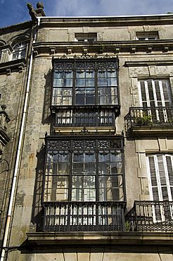 Glazed balconies in Santiago de Compostela, Galicia, Spain, Europe