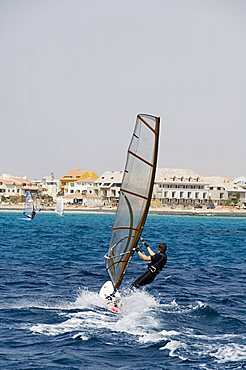 Wind surfing at Santa Maria on the island of Sal (Salt), Cape Verde Islands, Africa