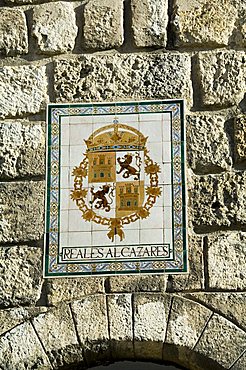 Detail of coat of arms on outer wall of the Real Alcazar just outside the exit, Santa Cruz district, Seville, Andalusia (Andalucia), Spain, Europe