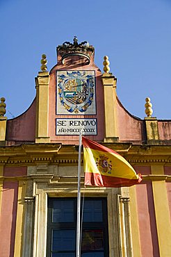 Building just outside the exit of the Real Alcazar, Santa Cruz district, Seville, Andalusia (Andalucia), Spain, Europe