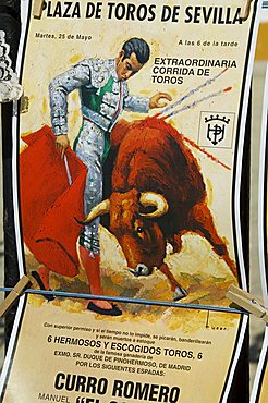 Old bull fighting posters for sale at the Bull Ring, Plaza de Toros de la Maestranza, El Arenal district, Seville, Andalusia, Spain, Europe