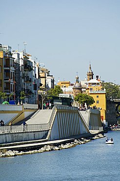 Triana district on left and the river Rio Guadalquivir, Seville, Andalusia, Spain, Europe