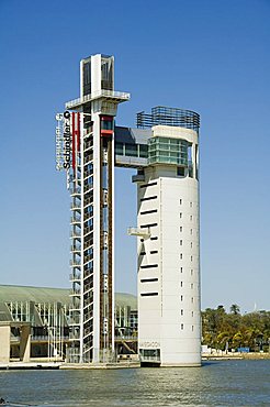 Building on Isla Magica and the river Rio Guadalquivir, Seville, Andalusia, Spain, Europe