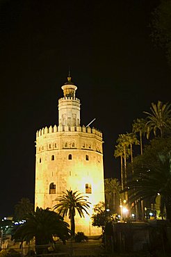 Torre del Oro at night, El Arenal district, Seville, Andalusia, Spain, Europe