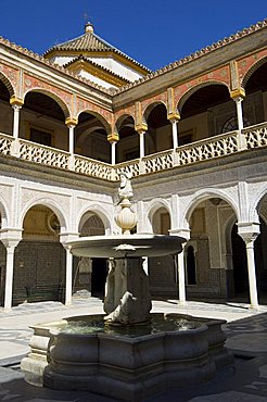 View of the Patio Principal in Casa de Pilatos, Santa Cruz district, Seville, Andalusia, Spain, Europe