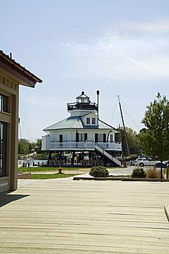 Typical historic lighthouse rescued and brought to the Chesapeake Bay Maritime Museum, St. Michaels, Talbot County, Miles River, Chesapeake Bay area, Maryland, United States of America, North America