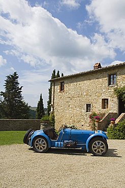 Bugatti car at the Castello di Spaltenna now a hotel, Gaiole in Chianti, Chianti, Tuscany, Italy, Europe