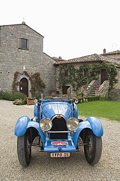 Bugatti car at the Castello di Spaltenna now a hotel, Gaiole in Chianti, Chianti, Tuscany, Italy, Europe