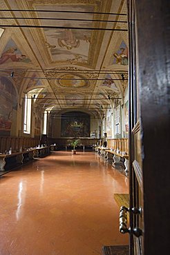 Refectory at the Benedictine Monastery famous for frescoes in cloisters depicting the life of St. Benedict, Monte Oliveto Maggiore, Tuscany, Italy, Europe