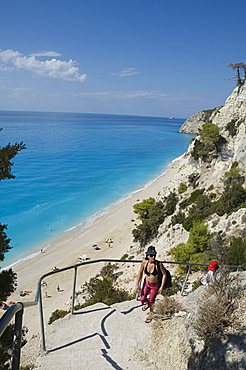 Egremnoi Beach, 400 steps to get down to it and reported to be one of the top beaches in Europe, on west coast of Lefkada (Lefkas), Ionian Islands, Greek Islands, Greece, Europe