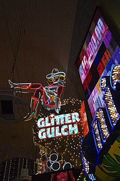 Glitter Gulch, Fremont Street, the older part of Las Vegas at night, Las Vegas, Nevada, United States of America, North America