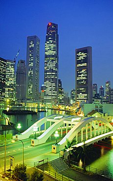 Elgin Bridge and skyline of the financial district, Singapore