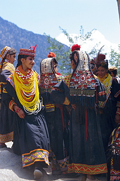 Group of Kalash women in traditional dress, Bumburet village, Chitral Valley, Pakistan, Asia