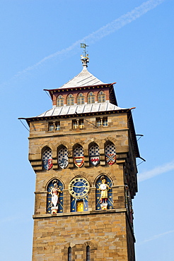 A view of the Clock Tower at Cardiff Castle, Cardiff, Glamorgan, Wales, United Kingdom, Europe